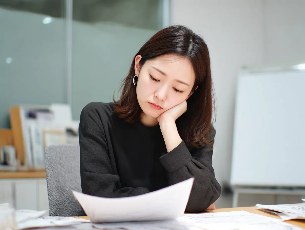 びっくりしながら悩む女性の資料確認｜黒い服装の女性が資料を眺めて思い悩む構図。落ち着いたライティングでびっくりという感情の余韻が静かに伝わる雰囲気があり、分析や反省の場面にぴったりです。