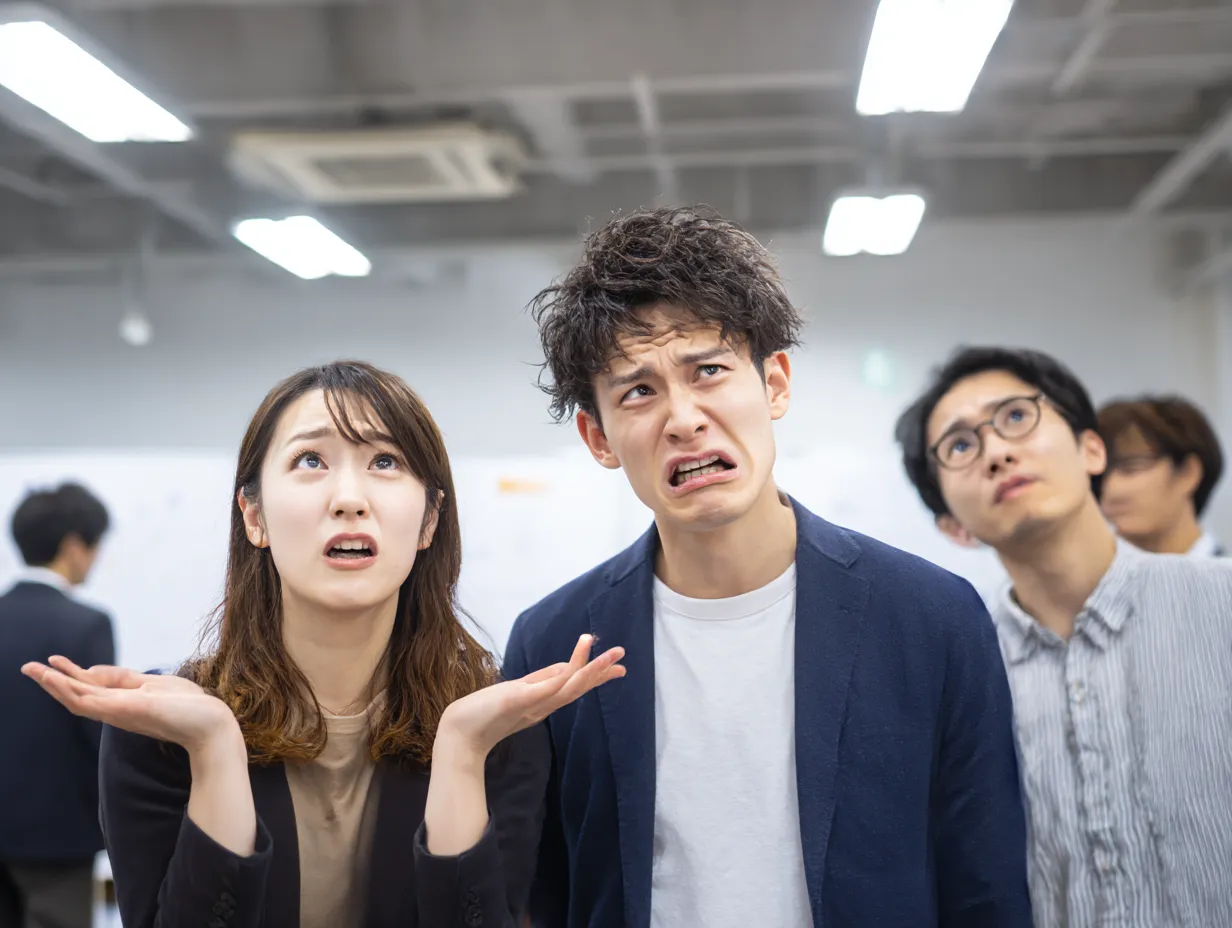 びっくり顔で困惑する男女グループ｜眉をひそめたり視線を泳がせたりと、それぞれ異なるリアクションが並ぶ構図がユニークな写真。びっくりによる集団の混乱や情報錯綜のシーンに最適な素材です。