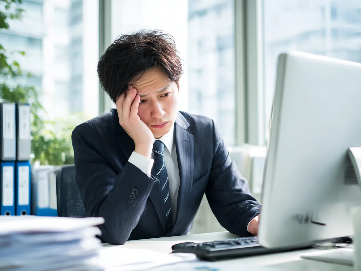 びっくり後の悩み顔の男性社員｜パソコン画面を見つめて困り果てた表情のスーツ男性。屋内の明るい自然光と対比する重めの表情が、びっくりからの思考停止や緊急対応を想起させます。