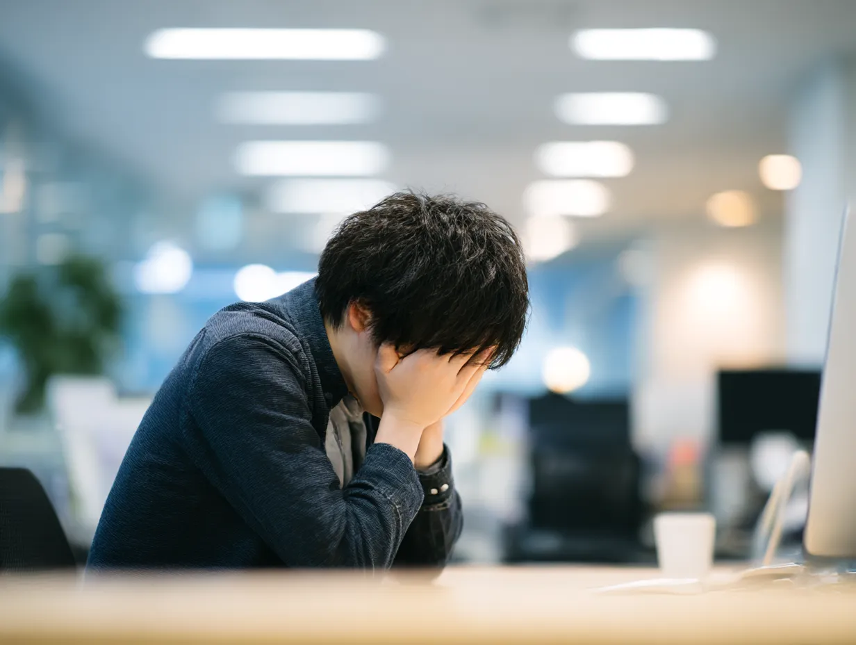びっくりして頭をかかえる男性社員｜顔を両手で覆うポーズが印象的な若手社員の写真です。ぼんやりした背景が感情の沈静を引き立て、びっくりした後のショックや困惑を表現する用途に適しています。