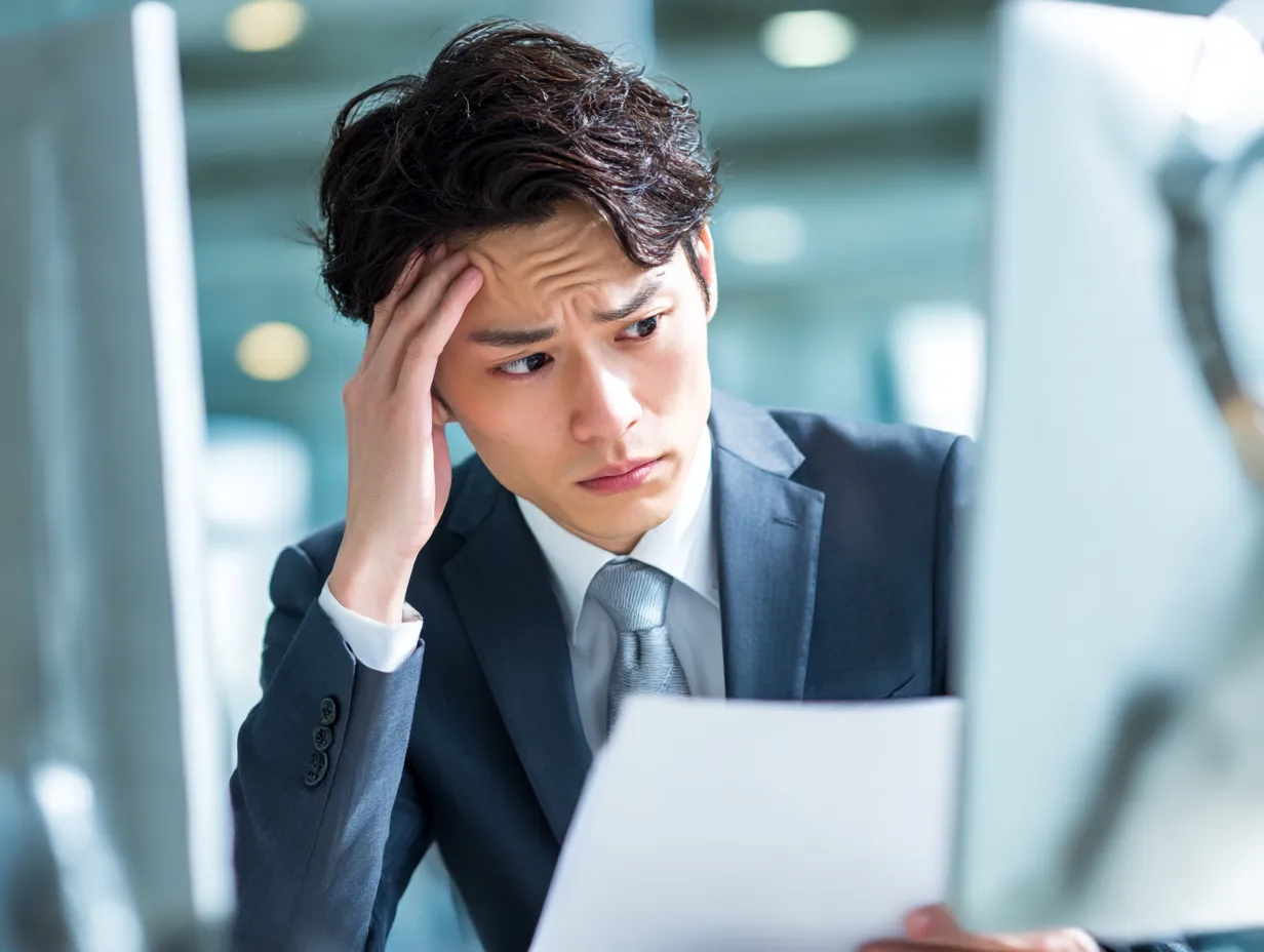 びっくりして悩むスーツ男性の困惑顔｜書類を手に深刻な表情を浮かべる男性ビジネスマンの姿。明るい光と硬い表情の対比が印象的で、びっくりした直後の混乱や思考停止状態を描く素材として活用できます。