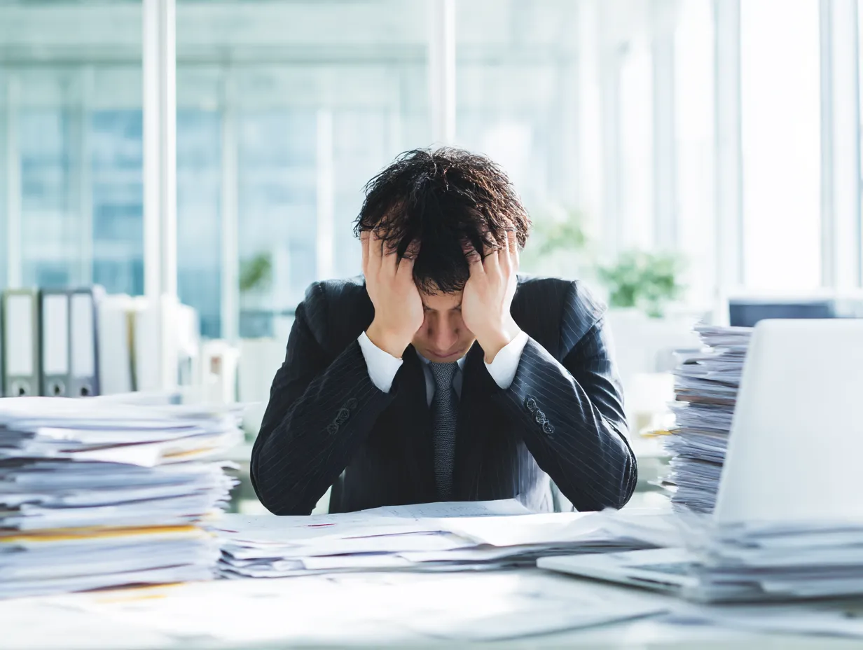 びっくり後に頭を抱える業務過多男性｜大量の書類に囲まれてうつむく姿が象徴的なスーツ男性の写真です。業務過多やトラブルでびっくりして立ち尽くすような状況をリアルに演出できます。