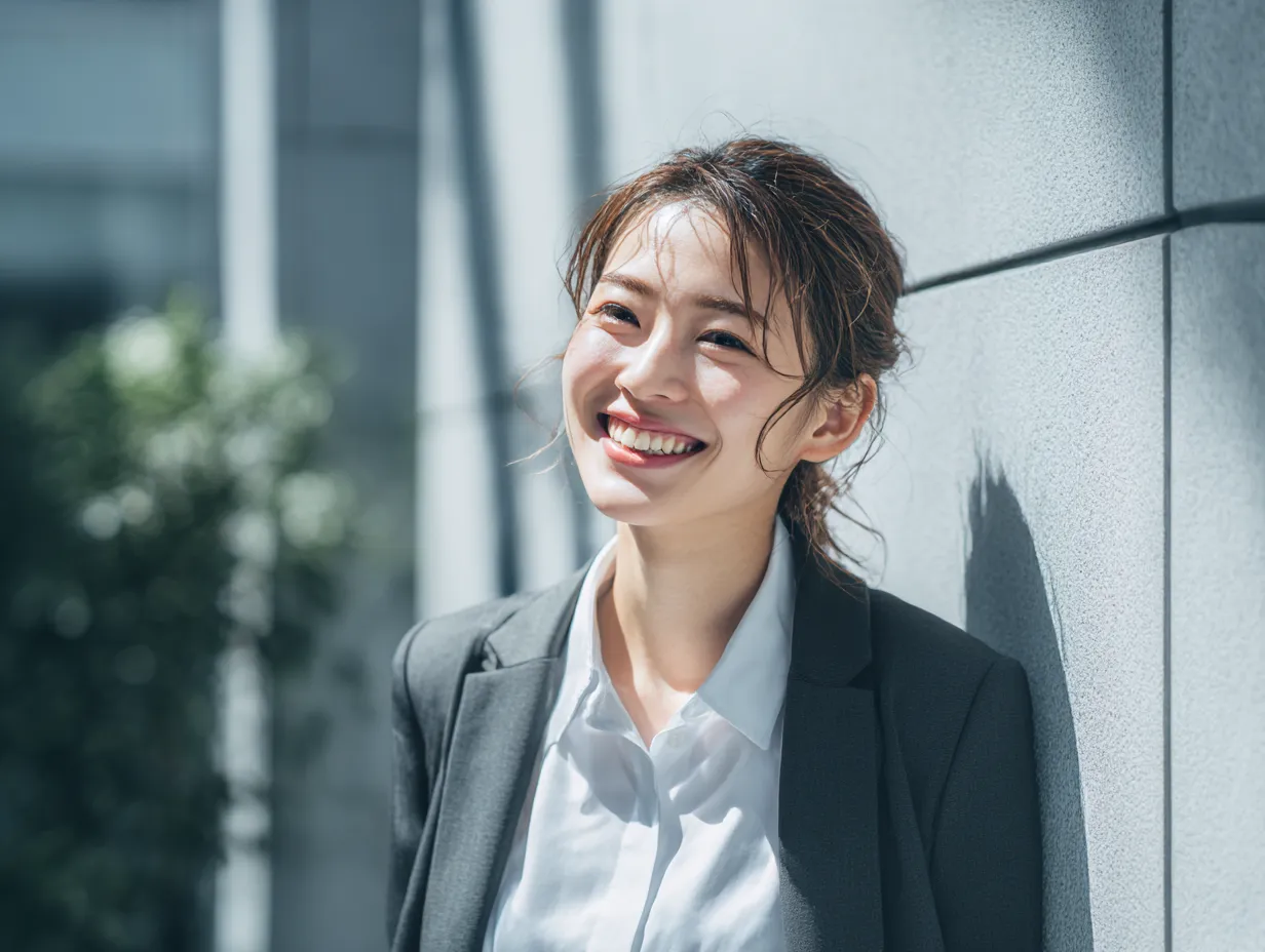 働く女性のクールな外回り｜日差しの中で微笑む姿が爽やかで、アクティブに活躍する働く女性の姿を切り取ったビジネス写真。都会的な印象と自信ある表情が魅力です。