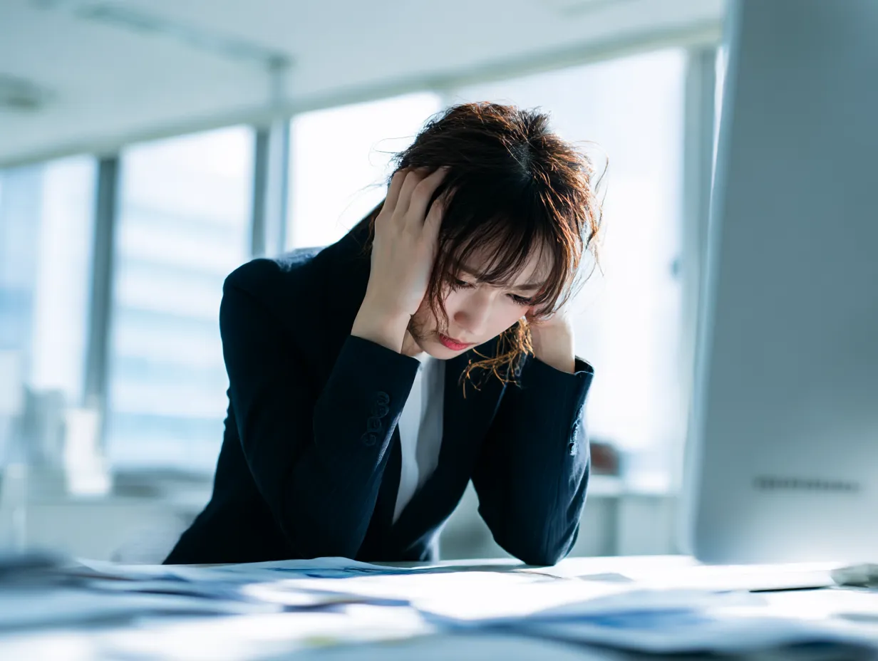 びっくりと困惑が混じる女性社員の姿｜資料を前に頭を抱える女性ビジネスマンの写真です。びっくりと悩みの狭間で揺れる感情を自然な光でやわらかく描写しており、リアルな心情表現に役立ちます。