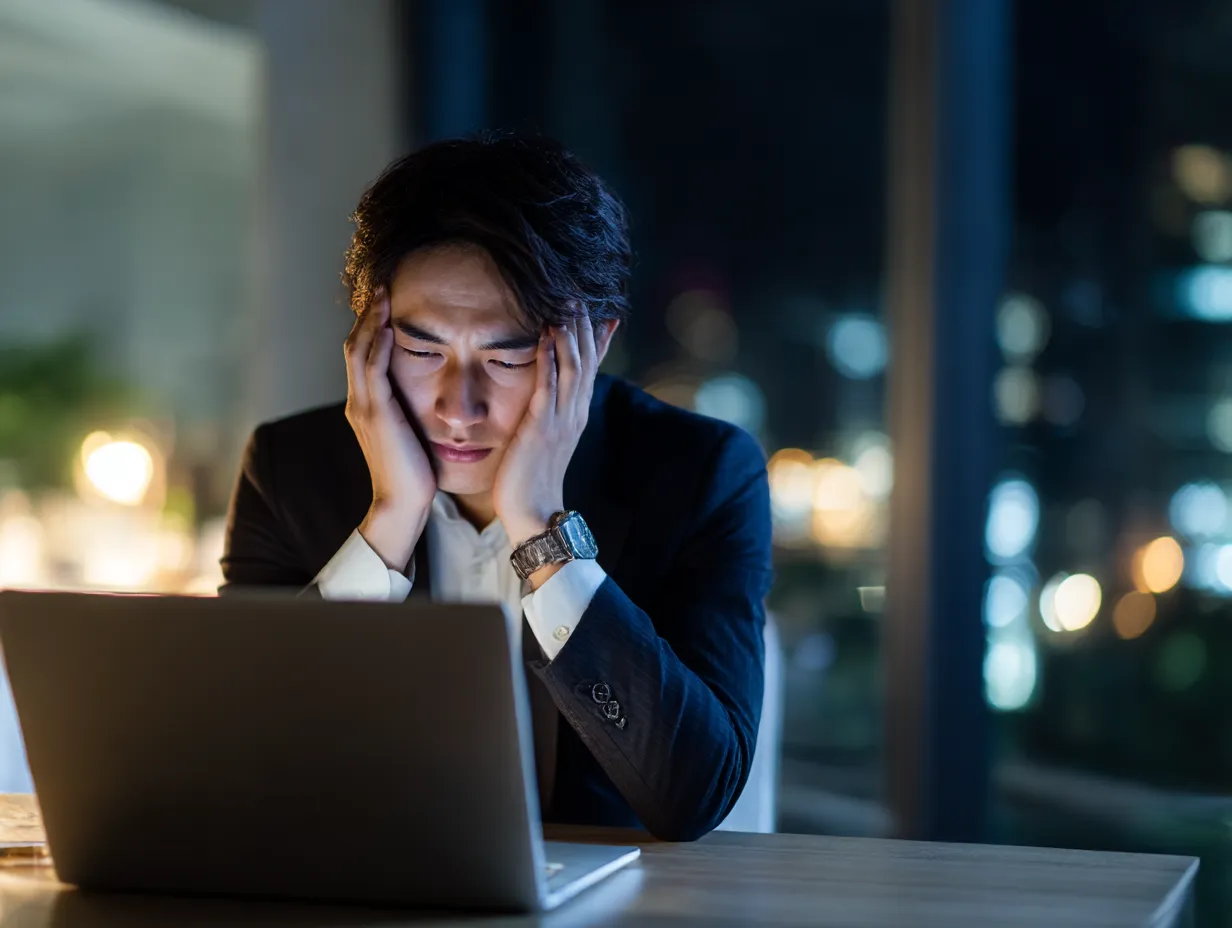 びっくりして夜に悩むビジネスマン｜夜のオフィスで静かに頭を抱える男性の姿が印象的な1枚。都市の光と対照的な表情が、びっくりの余韻に浸る切なさや焦りを効果的に表現しています。