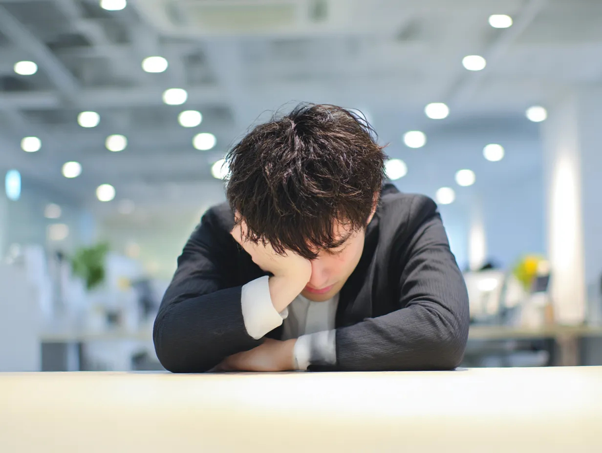 落ち込むスーツ男性のデスクショット｜オフィスの明るい照明の下、スーツ姿の男性がデスクにうつ伏せる構図。落ち込む感情を静かに伝える表情と姿勢が印象的で、職場のストレスや挫折を表すビジネス素材として活用しやすい一枚です。