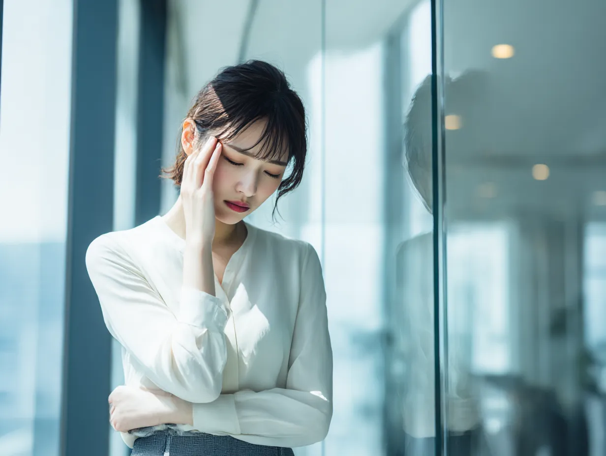 落ち込む女性のガラス越しポートレート｜窓際に立ち、片手でこめかみを押さえる女性の横顔が、落ち込む気持ちを丁寧に描写。自然光の演出と反射するガラスが透明感を加え、繊細で内省的なビジネスイメージに仕上がっています。