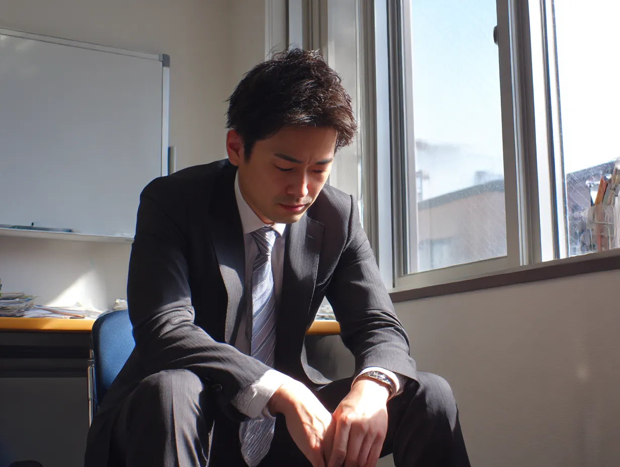 落ち込む男性の午後のオフィス風景｜日差しが差し込む室内で深く俯く男性の姿が、落ち込む心情をストレートに表現。逆光と影のコントラストがリアルで、ビジネスシーンにおける苦悩や葛藤のイメージ素材として活用可能です。