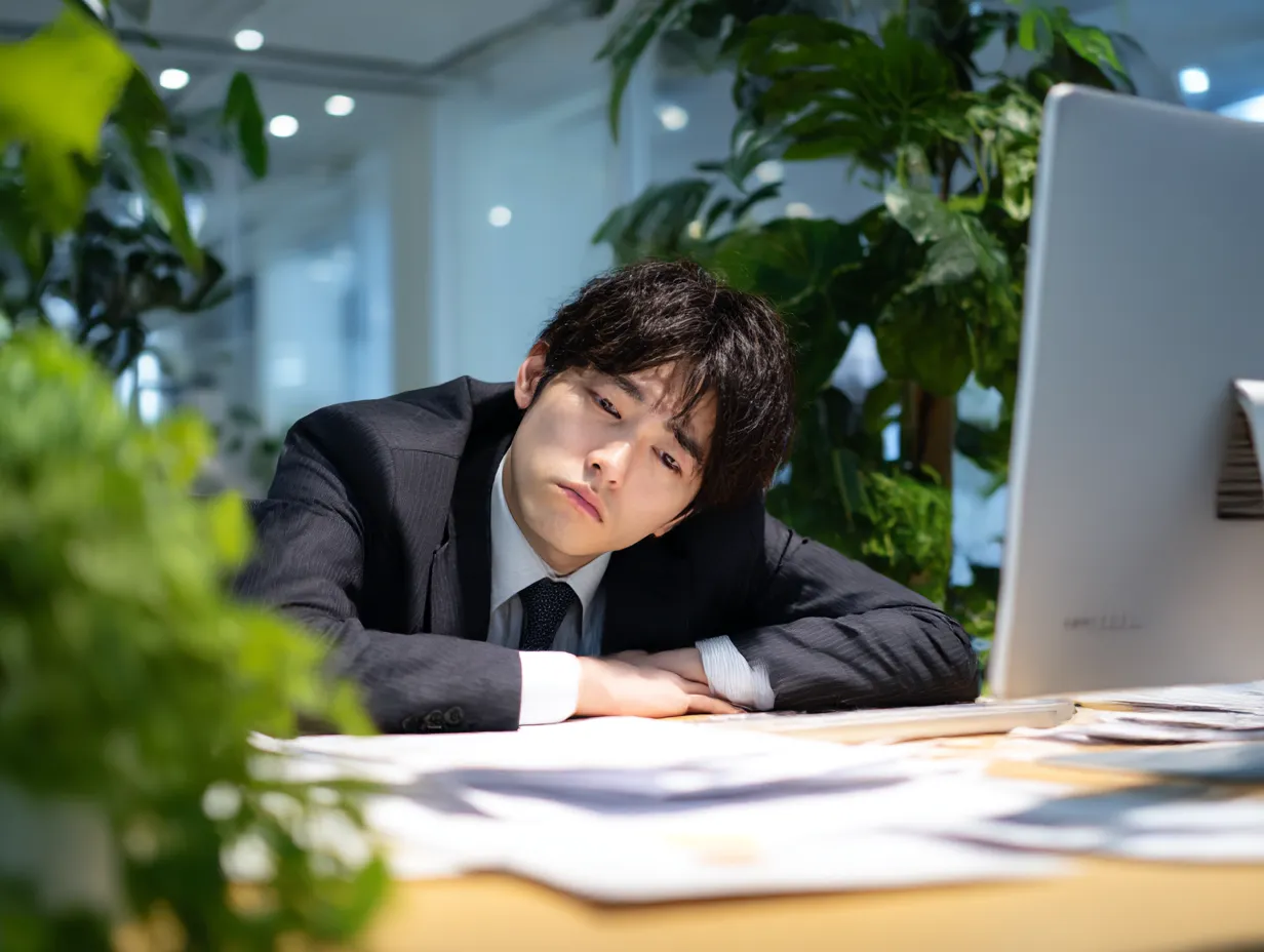 落ち込む若手社員の疲労感ある姿勢｜パソコンの前で机に顔を預ける若手ビジネスマンが落ち込む様子をリアルに再現。観葉植物の背景と集中照明がコントラストを際立たせ、仕事疲れや気力低下を表す写真素材として汎用性があります。