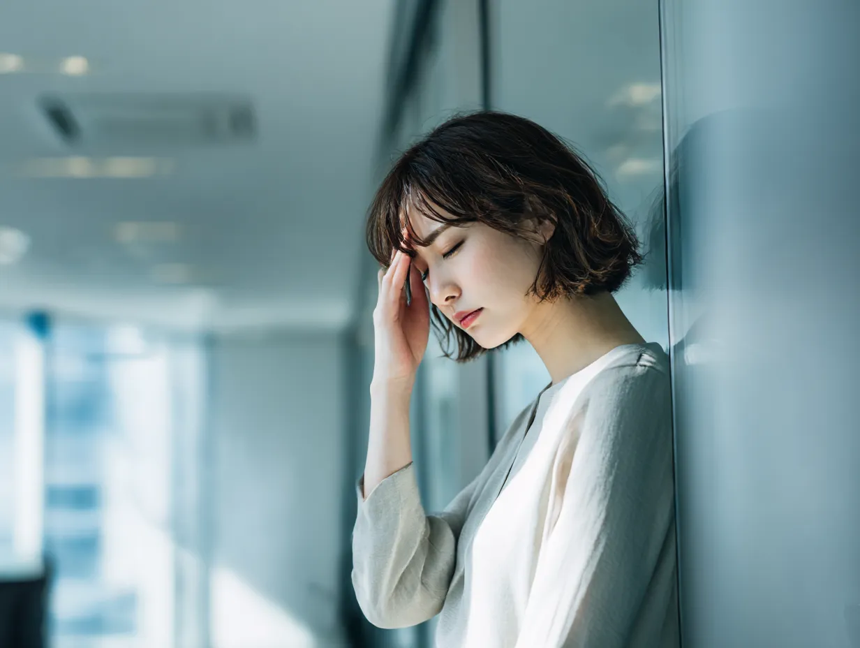 ストレスを感じる若い女性社員｜窓際にもたれながら目を閉じる女性の横顔が繊細に描写され、ストレスの蓄積を静かに伝える。自然光が淡く差し込む透明感ある構成で、心理的負荷を表現したビジネスシーンに適しています。