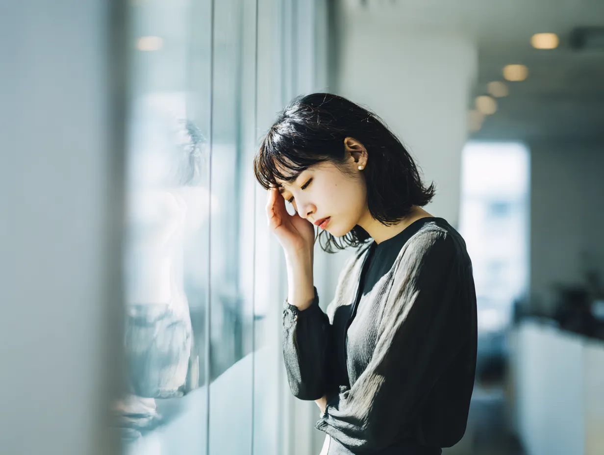 ストレスに悩む女性オフィスワーカー｜ガラス越しに俯く姿が、ストレスを抱える内面を反映。柔らかな光の表現とシンプルな構図により、感情の静けさと現代オフィスのリアルを同時に伝える高汎用な写真素材です。