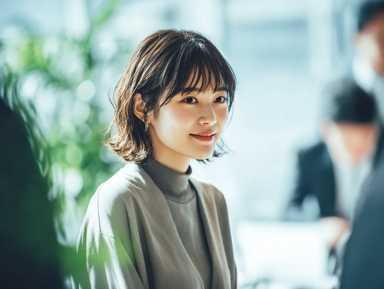 働く女性の柔和なまなざし｜自然光とグリーンの中で穏やかに佇む表情が、落ち着きと安心感を与えるビジネス写真。働く女性の思慮深さや親しみを柔らかく表現しています。