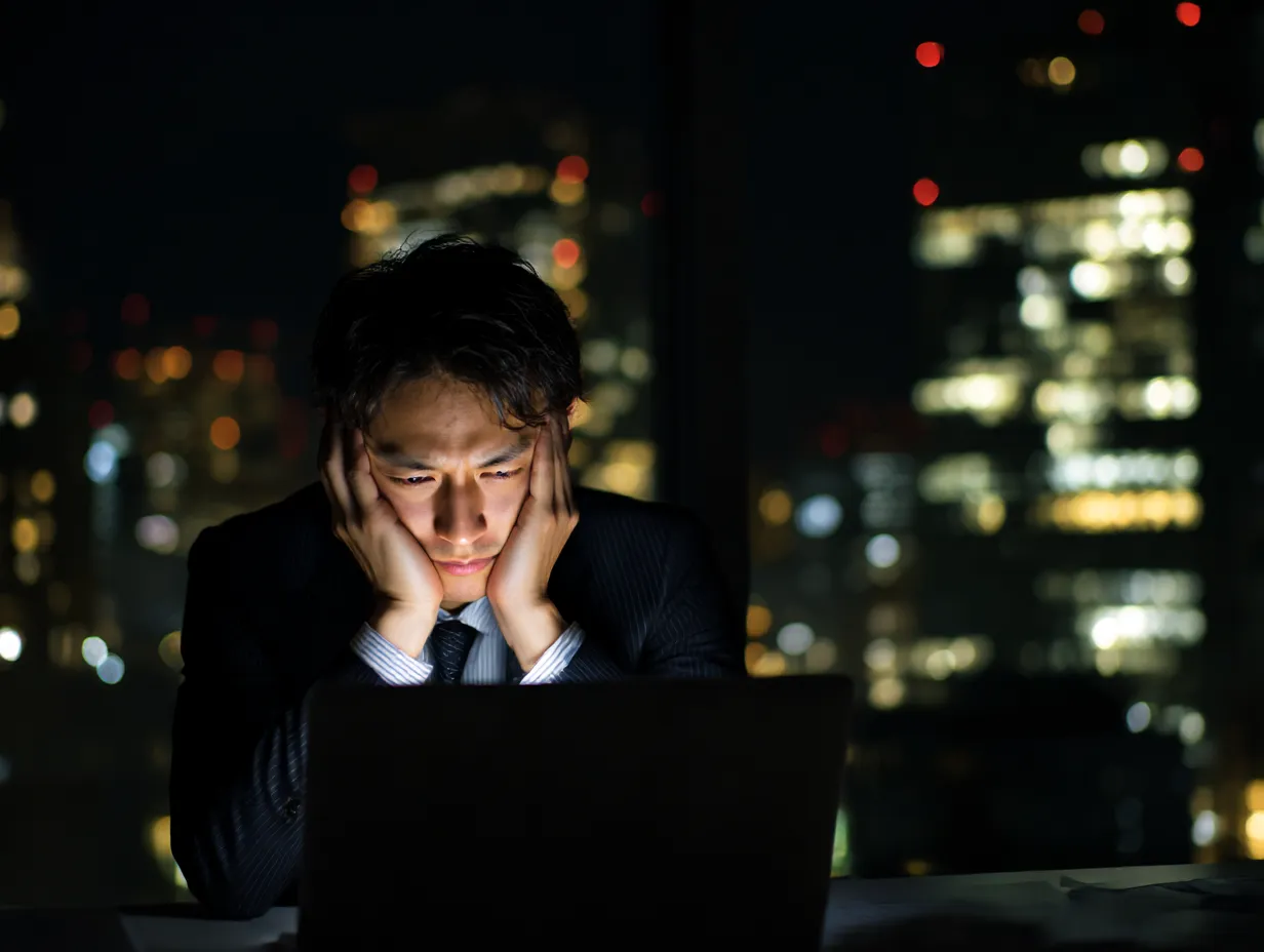 ストレスで悩む深夜残業の男性｜深夜のビル群を背景に、画面越しに悩む男性がストレスの重さを体現。暗い室内と光る画面の対比が緊張感を生み、長時間労働や疲弊感を伝える場面に適した素材です。