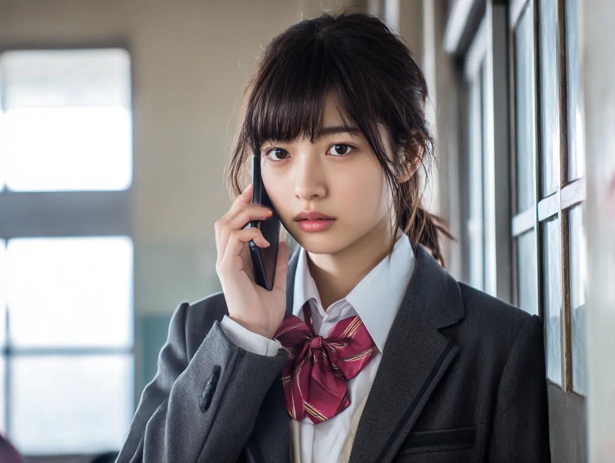 電話対応する女子学生の真剣な表情｜制服姿の女子学生が教室の窓際で電話を受けるシーン。柔らかな逆光と落ち着いた背景が、真剣に話を聞く姿勢を際立たせ、青春ドラマ風の印象を持つ素材として活用できます。