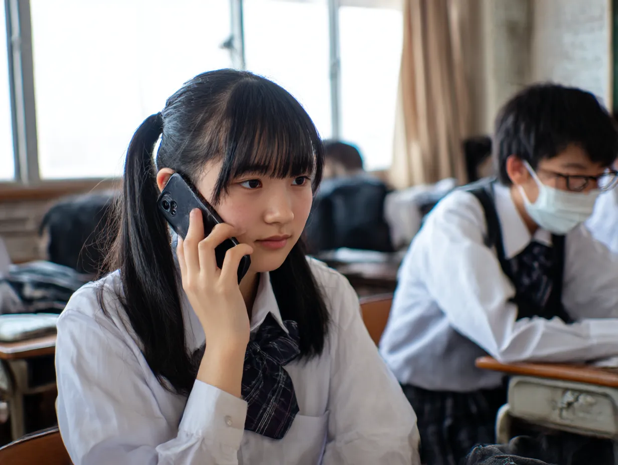 教室で電話対応する女子生徒｜学びの場で電話に出る姿が自然体で、周囲のクラスメイトとの対比が印象的。日常の一コマを切り取ったような構図で、学生のリアルな生活感を伝える電話対応シーンに適しています。