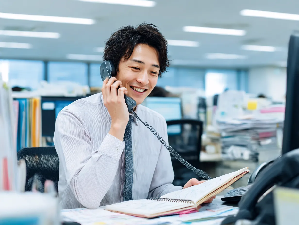 オフィスで電話対応する若手男性｜忙しいオフィスの中で電話とメモを同時にこなす姿が印象的。やや斜めのアングルで活気が伝わり、丁寧かつ迅速な対応を連想させるビジネス向け素材です。