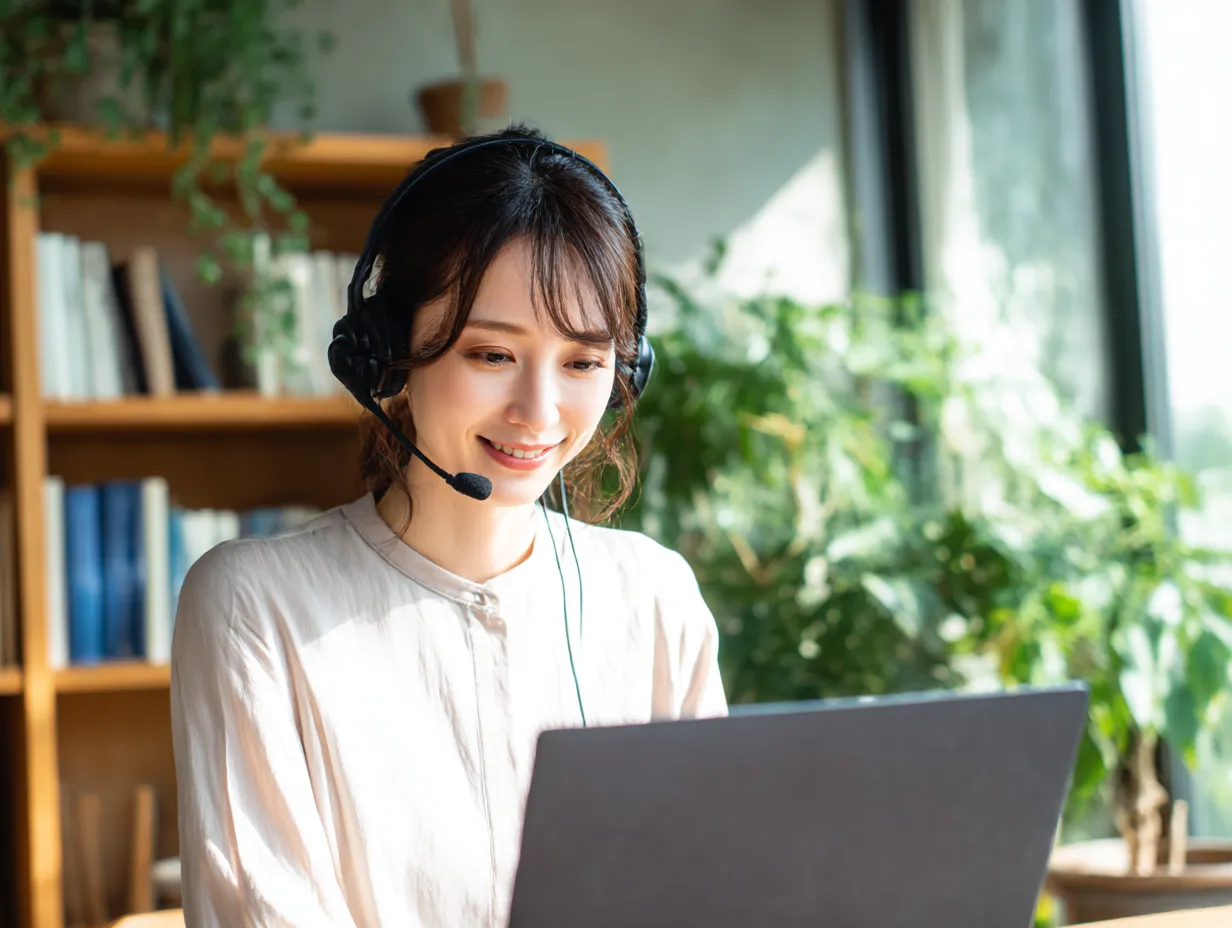 リモートで電話対応する若い女性｜ヘッドセットを装着しノートPCの前で応対する女性の笑顔が柔らかく、テレワークやオンライン接客にぴったりの明るく清潔感ある電話対応イメージです。