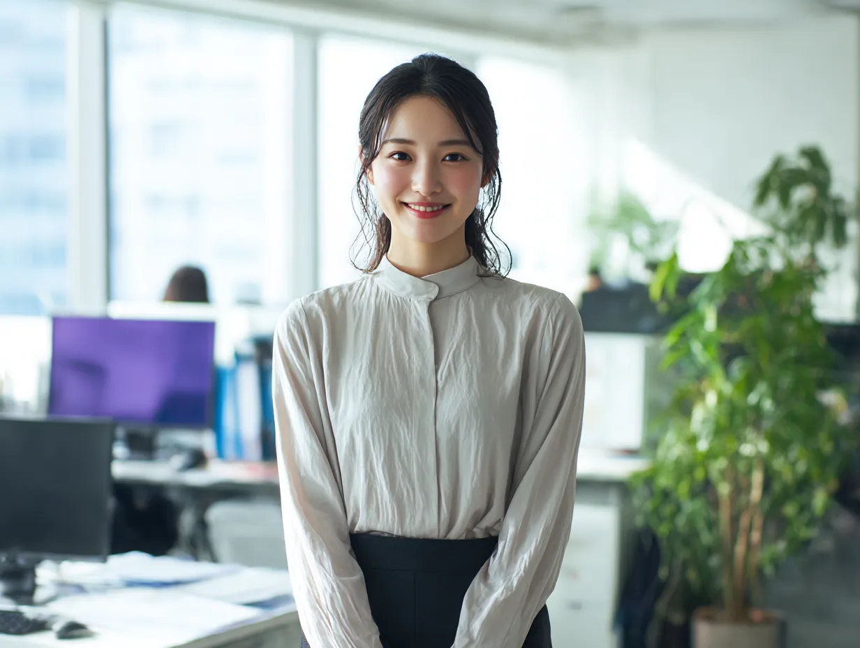 働く女性の信頼感ある立ち姿｜白シャツとナチュラルメイクが清潔感を演出し、真摯なまなざしが印象的な写真素材。働く女性の誠実さや信頼感が伝わるビジュアルです。