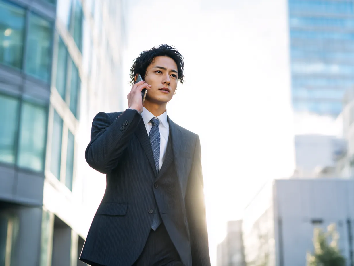 屋外で通話するスーツ男性の決意｜都市のビル街を背景にスマートフォンで通話中の男性の真剣な眼差しが際立つ。逆光の演出が印象的で、決断力やビジネスの推進力を象徴する力強い構成となっています。