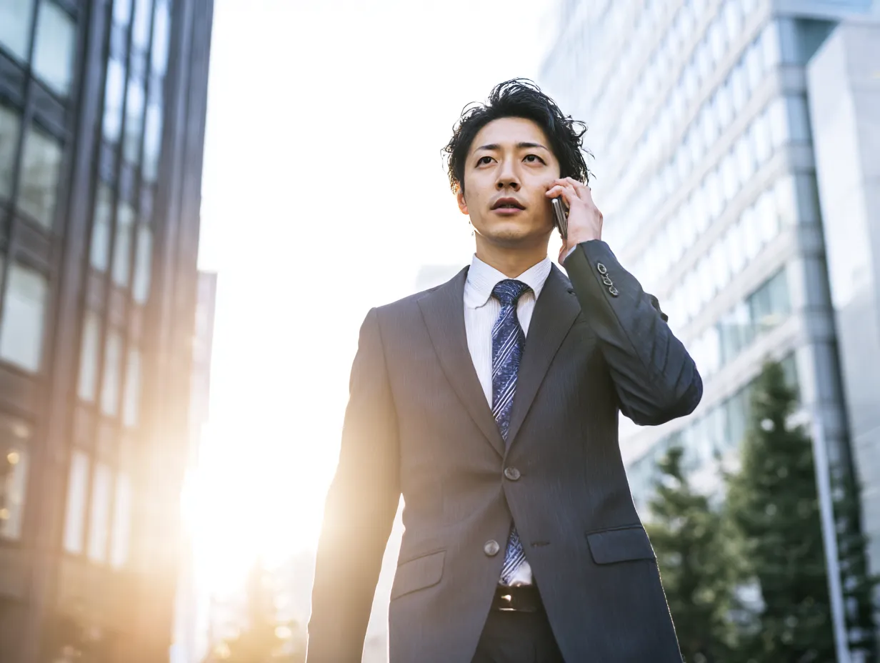 電話応対中のスーツ男性の外回り｜都会のビル街を背景にスマートフォンで通話する男性が、前向きな姿勢で電話応対中。逆光の演出とスーツ姿がビジネス感を高め、外出先でのアクティブな印象を与える構図です。