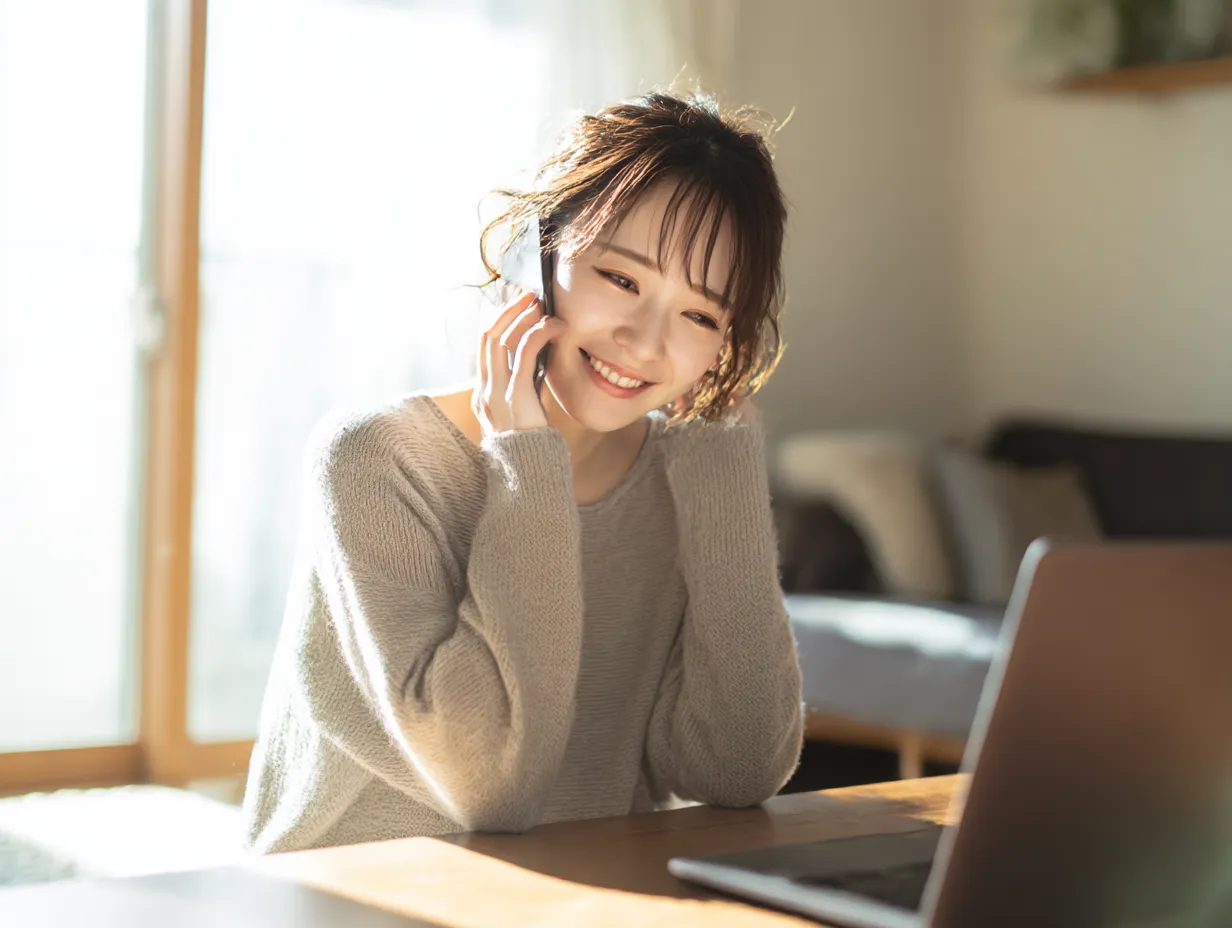 在宅で電話応対する女性の笑顔｜リビングの柔らかい光の中でスマートフォン越しに応対する女性が、家庭的で親しみやすい雰囲気を演出。あたたかみのある配色と自然な笑顔がリモート対応のイメージにぴったりです。