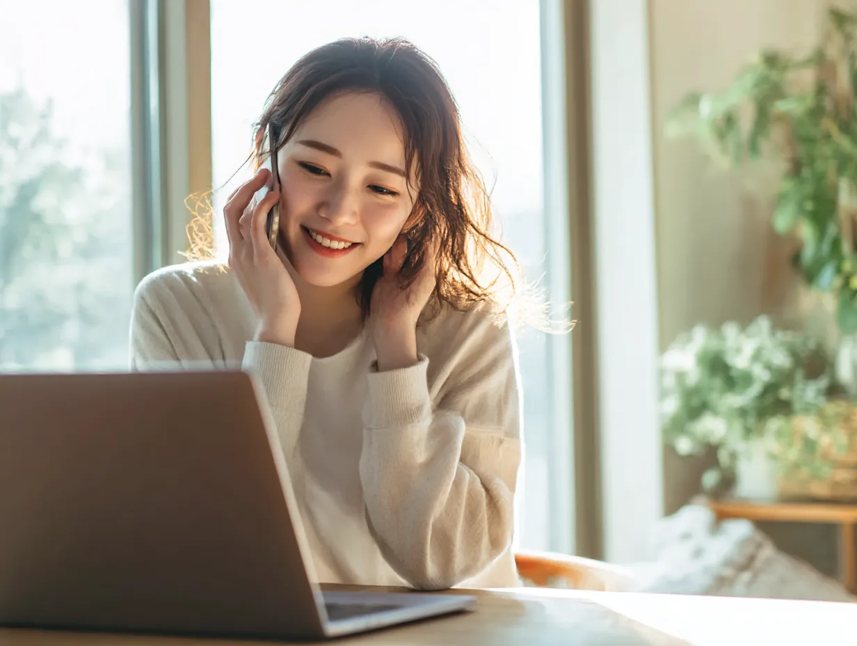 窓際で電話応対する若い女性｜自然光あふれる室内で、パソコンの前に座って電話応対する女性の笑顔が明るく魅力的。やわらかなトーンが在宅ワークやオンライン相談を想起させる写真素材です。