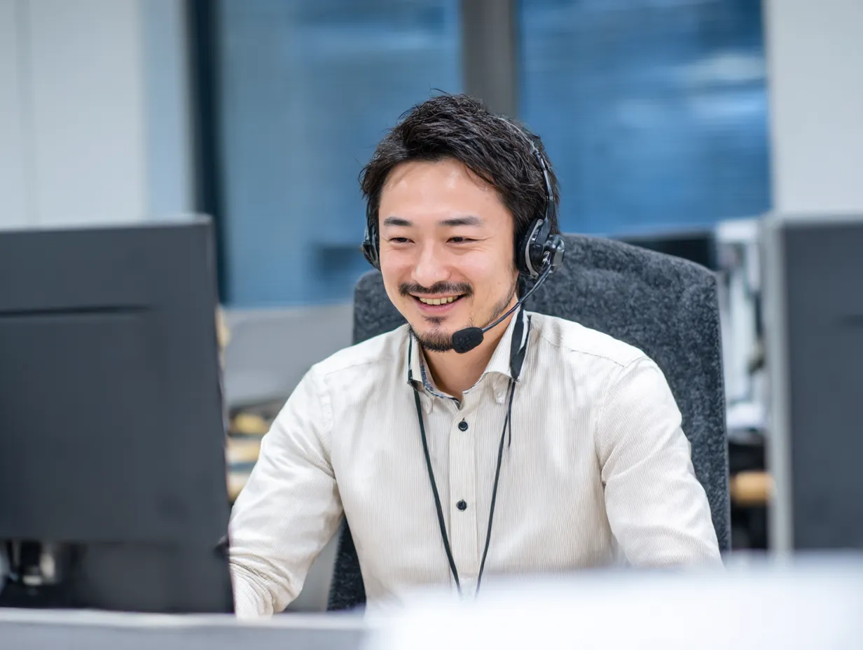 電話応対するカジュアルな男性社員｜オフィスカジュアルな服装の男性が笑顔で電話応対を行う構図。落ち着いた色調と柔らかいライティングが、親しみやすく丁寧な印象を与えるビジネス写真素材。