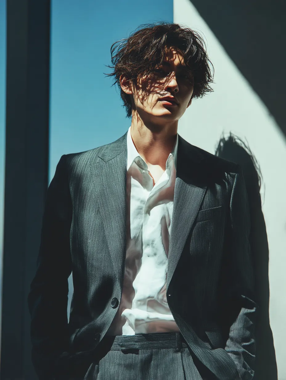 スーツ男子のドラマチックな佇まい｜強い光と影のコントラストが印象的なポートレート。シワのあるシャツや自然な髪型がリアルさを引き立て、スーツ男子の自然体な存在感を演出しています。