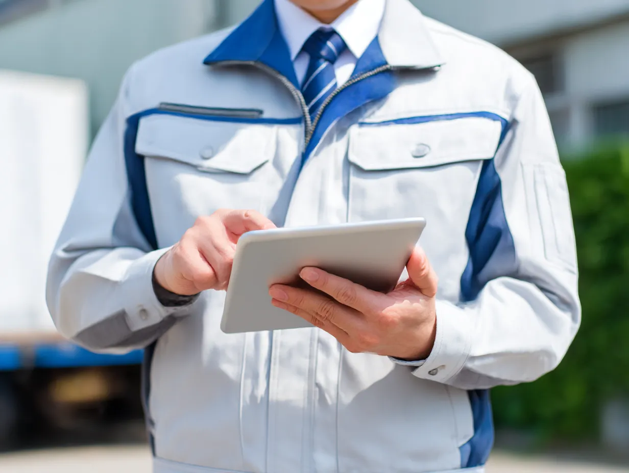 スマートフォン操作中の作業員の手元｜制服姿の作業員が屋外でタブレットを操作する手元のアップ。晴天の光と明快な構図が、スマートフォンによるデジタル活用を鮮やかに印象づける一枚。
