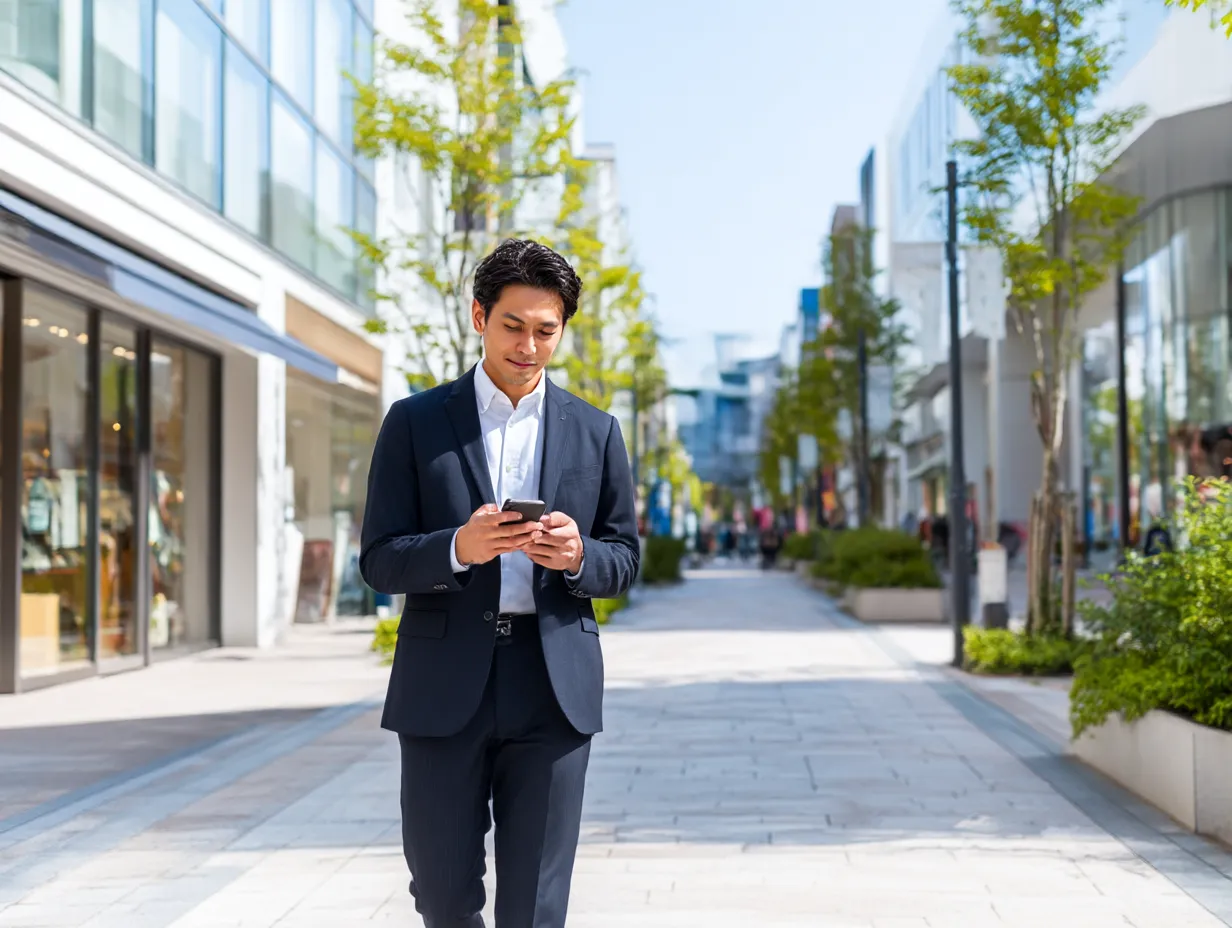 スマートフォン操作する若手スーツ男性｜都会的な商業エリアを歩きながらスマートフォンを確認する若手男性。爽やかな光とスタイリッシュな構図が、スマートなビジネスシーンを演出する。