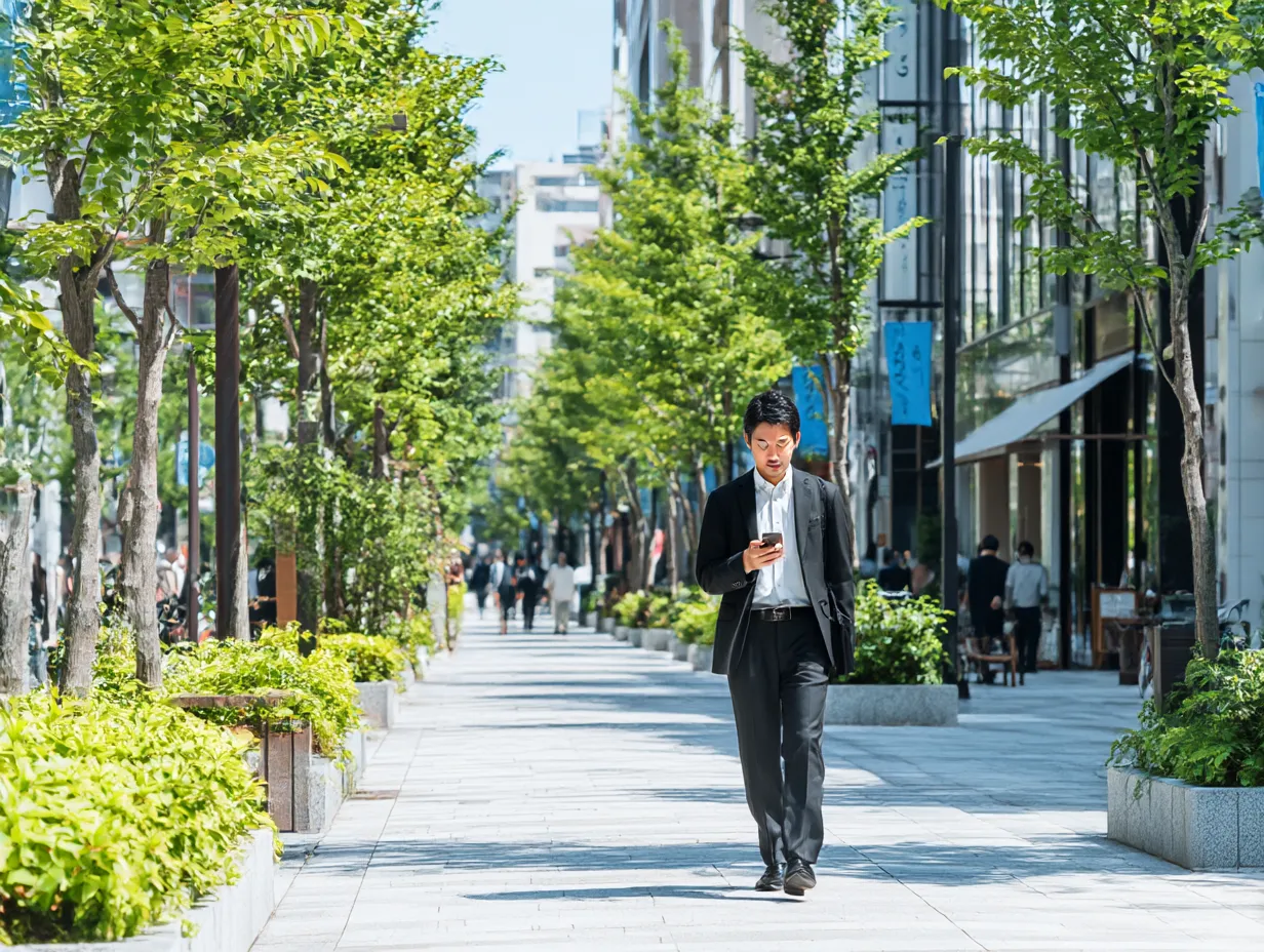 スマートフォンを見つめるビジネスマン｜街路樹が並ぶ洗練された街並みで、スマートフォンに集中する男性。整った背景と自然な姿勢がスマートフォン活用の日常性を感じさせる素材。