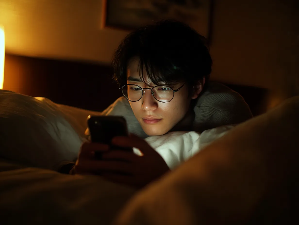 スマートフォンを操作する眼鏡の男性｜夜の寝室でスマートフォンに見入る眼鏡の男性。温かみある間接照明と静かな表情が、リラックスしたデジタル利用シーンを印象づける。