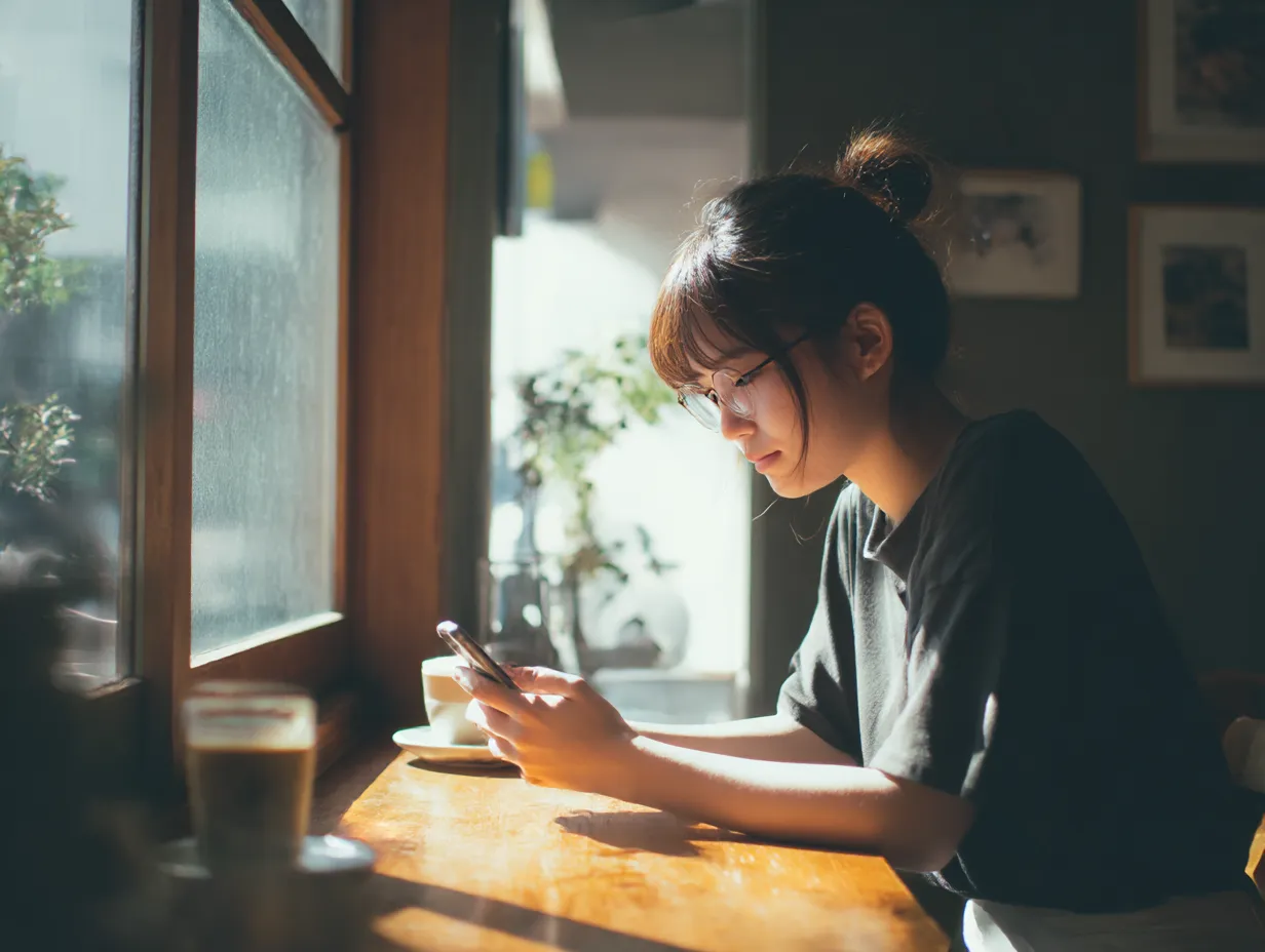 スマートフォンに集中するカフェの女性｜木製のテーブルと柔らかな自然光に包まれたカフェで、眼鏡の女性がスマートフォンに集中。静けさと知的な雰囲気を感じさせるビジネス写真素材。