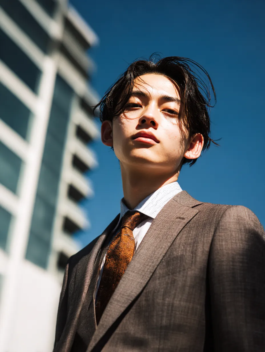 スーツ男子の堂々たる目線｜青空とビルを背景にしたローアングルが力強さを感じさせる構図。スーツ男子の自信あふれる表情が、ビジネスシーンに活気を与える素材として映えます。