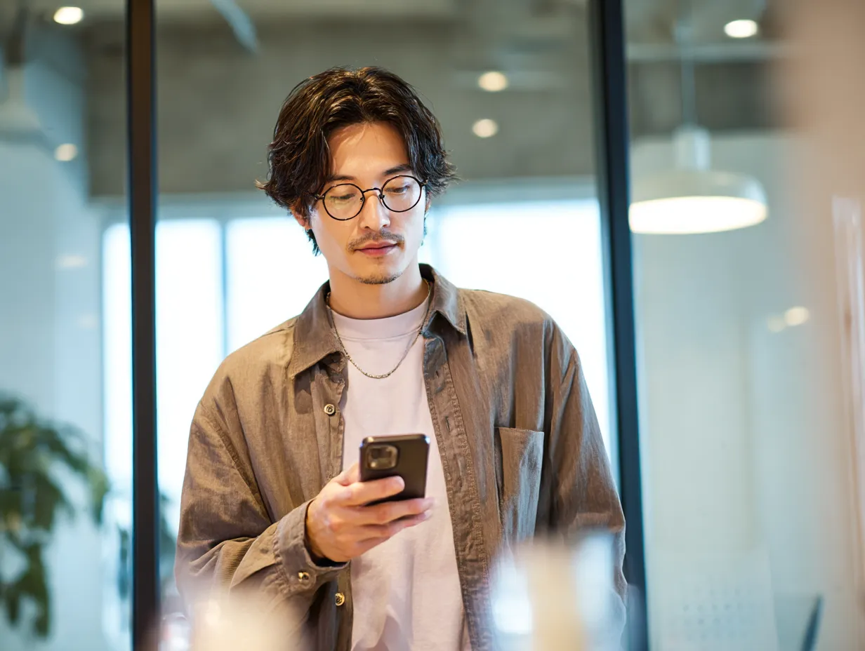 スマホを操作する眼鏡の男性｜ガラス張りのモダンなオフィスでスマホを手にする男性。自然光と柔らかな陰影が調和し、クリエイティブな働き方を印象づけるビジネス向け素材。
