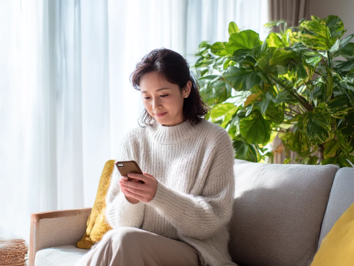 スマホを使うソファの女性｜リビングの柔らかな光の中でスマホを使う女性。ナチュラルな室内環境と穏やかな表情が、親しみと信頼感を与える素材に仕上がっている。