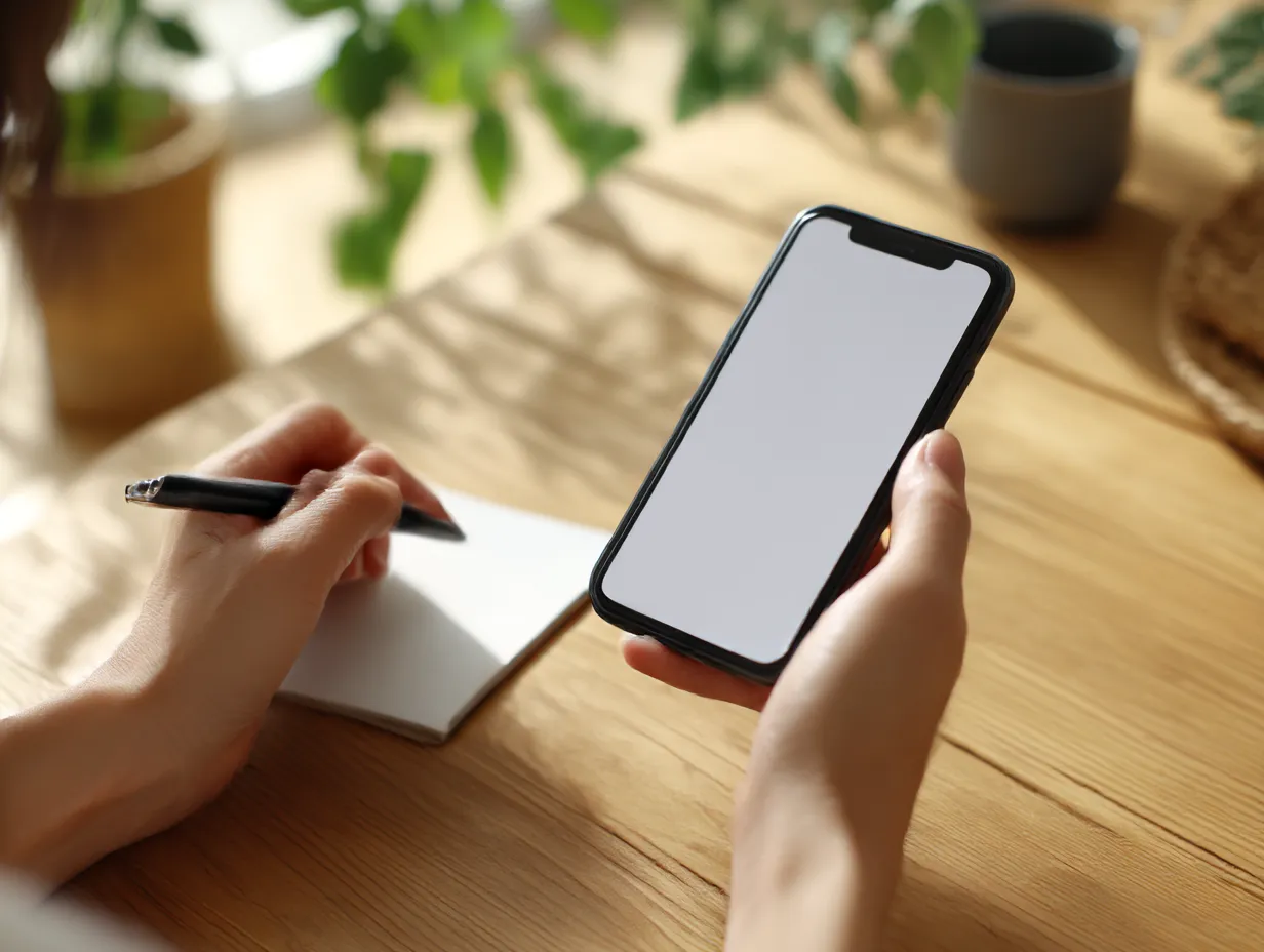 スマホとメモを取る手元｜木目のテーブル上でスマホを片手にメモをとる手元の構図。実用的でリアルな雰囲気が、ビジネスや教育向けのコンテンツにも適している。