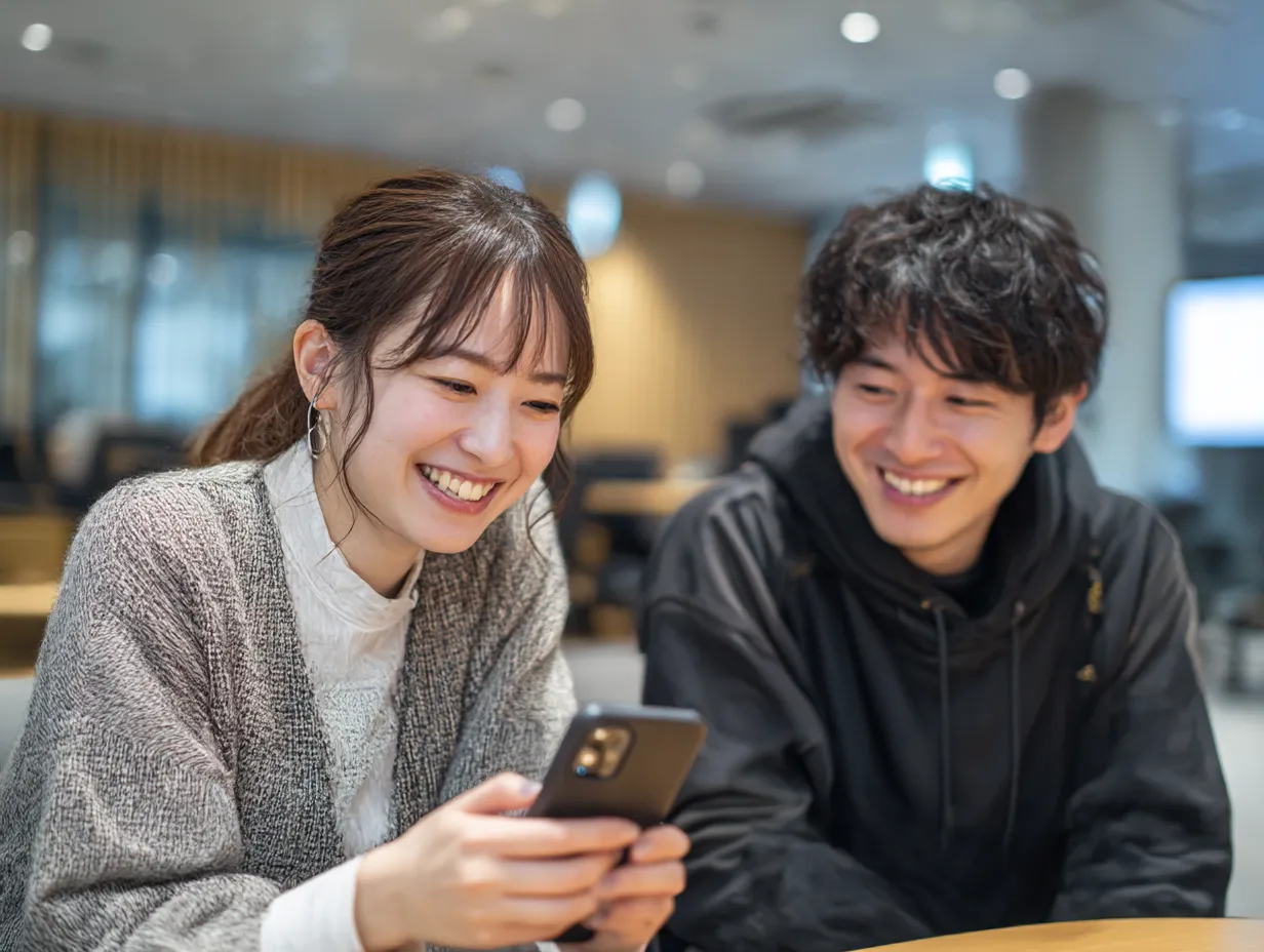 スマホを見せ合う若い男女｜明るい室内でスマホを見ながら笑い合う若い男女。自然な交流シーンが、テクノロジーと人とのつながりを柔らかく表現したビジネス写真。