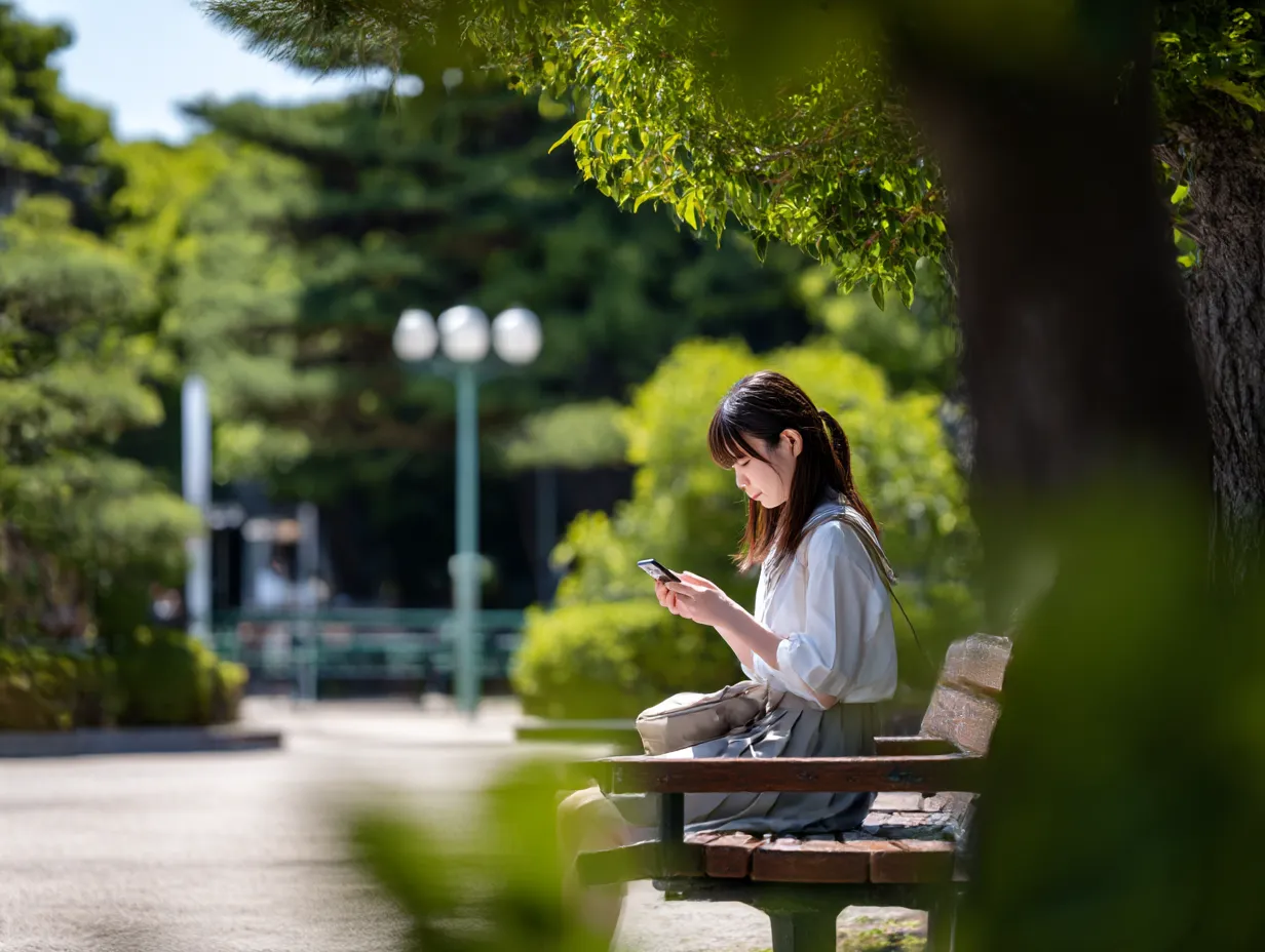 公園で携帯電話を見る女性｜自然光の中でベンチに座り携帯電話を操作する女性の姿が、柔らかく爽やかな雰囲気を醸し出します。携帯電話を使う日常の一場面として親しみやすく、屋外のリラックス感も伝わるビジネス素材です。
