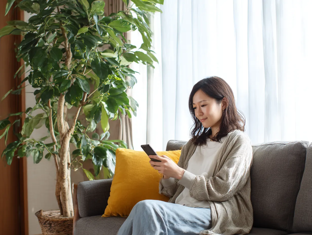 室内で携帯電話を見る女性｜自然光が差し込むリビングでくつろぎながら携帯電話を見る女性の姿は、生活感と柔和な雰囲気を両立させています。携帯電話を通じた現代的なライフスタイル表現に適した写真です。