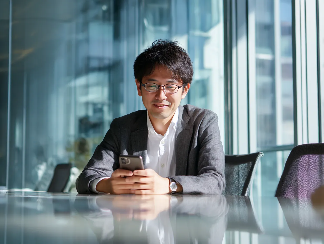 オフィスで携帯電話を見る男性｜ガラス張りの会議室で携帯電話を見る男性の表情は自然体で、清潔感ある都会的なビジネスシーンを演出します。携帯電話を通じた情報収集や連絡のイメージに活用しやすい素材です。
