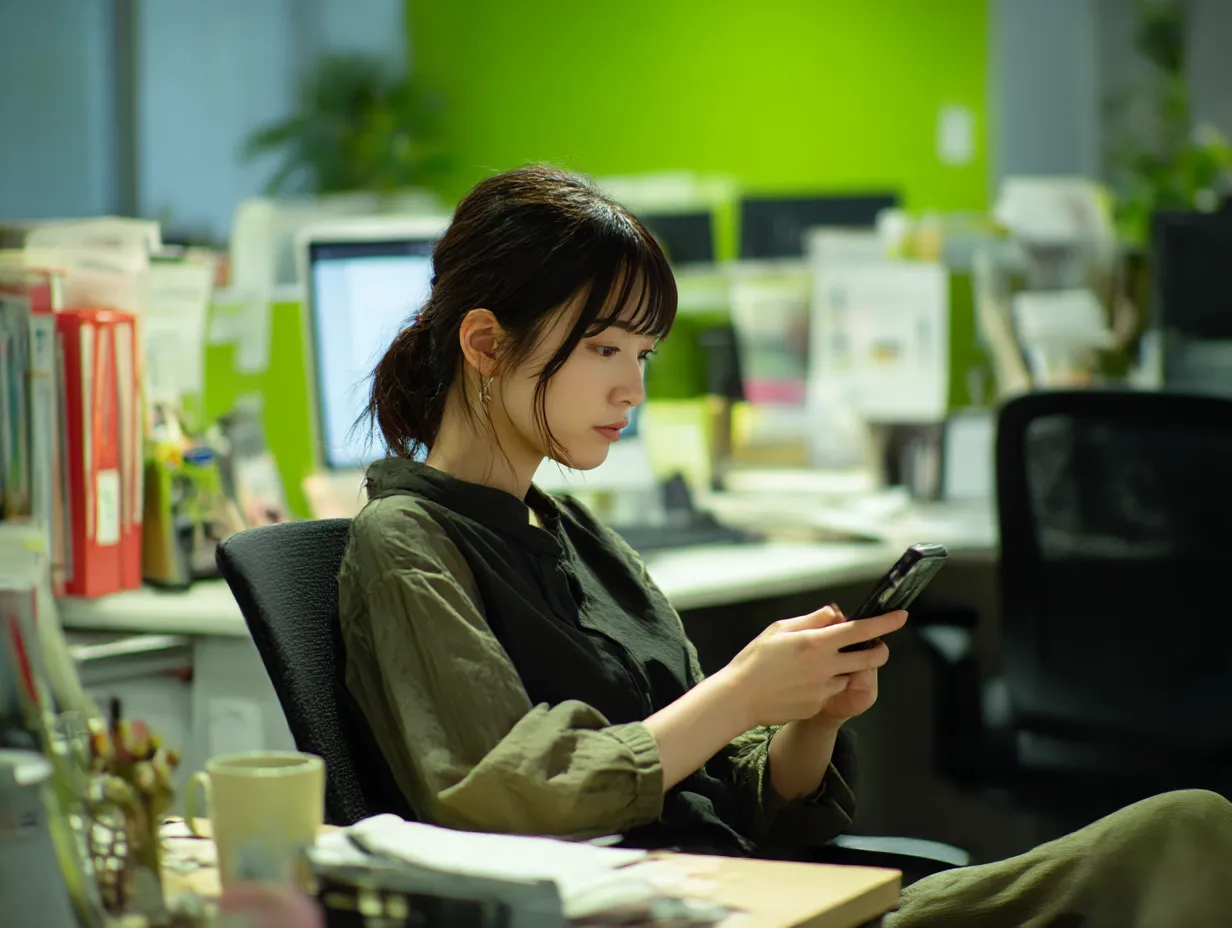 オフィスで携帯電話を見る女性1｜集中した表情で携帯電話を見つめる女性の姿が、静かなオフィスの中で際立ちます。携帯電話を業務に取り入れる現代のワークスタイルを表すリアルなビジネス素材です。