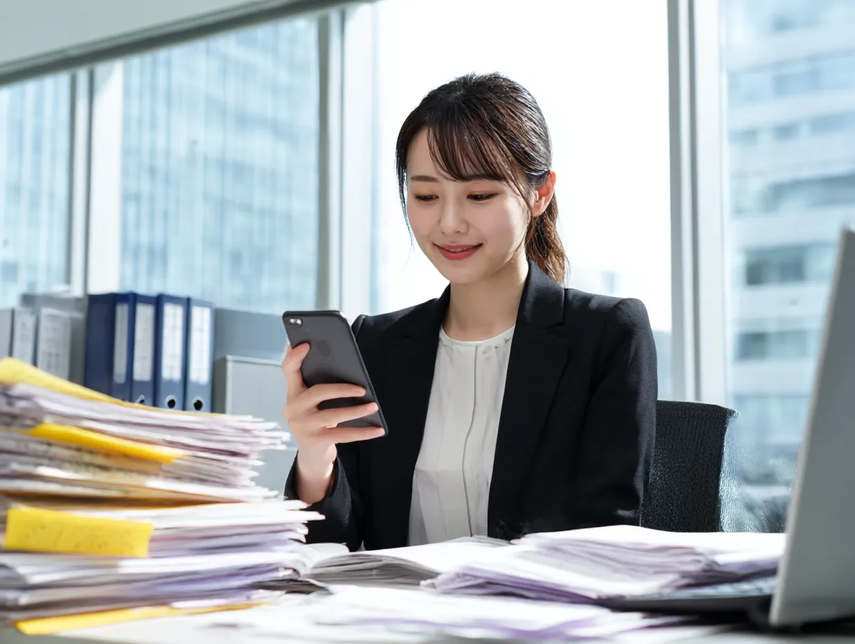 オフィスで携帯電話を見る女性2｜大量の資料に囲まれながらも笑顔で携帯電話を見る姿が、働きながらも柔らかい人間味を感じさせます。携帯電話が仕事の一部として自然に存在している印象です。