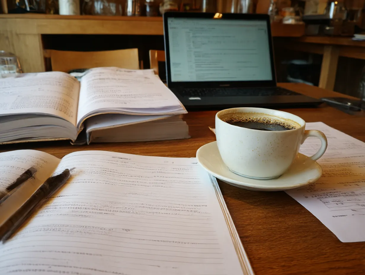 カフェで勉強する社会人｜カフェの空気感が漂う背景に、本格的なテキストとノートパソコン、コーヒーが加わり、実務的でリアルな学びの姿を描いています。社会人勉強の雰囲気を強く印象づける構成です。