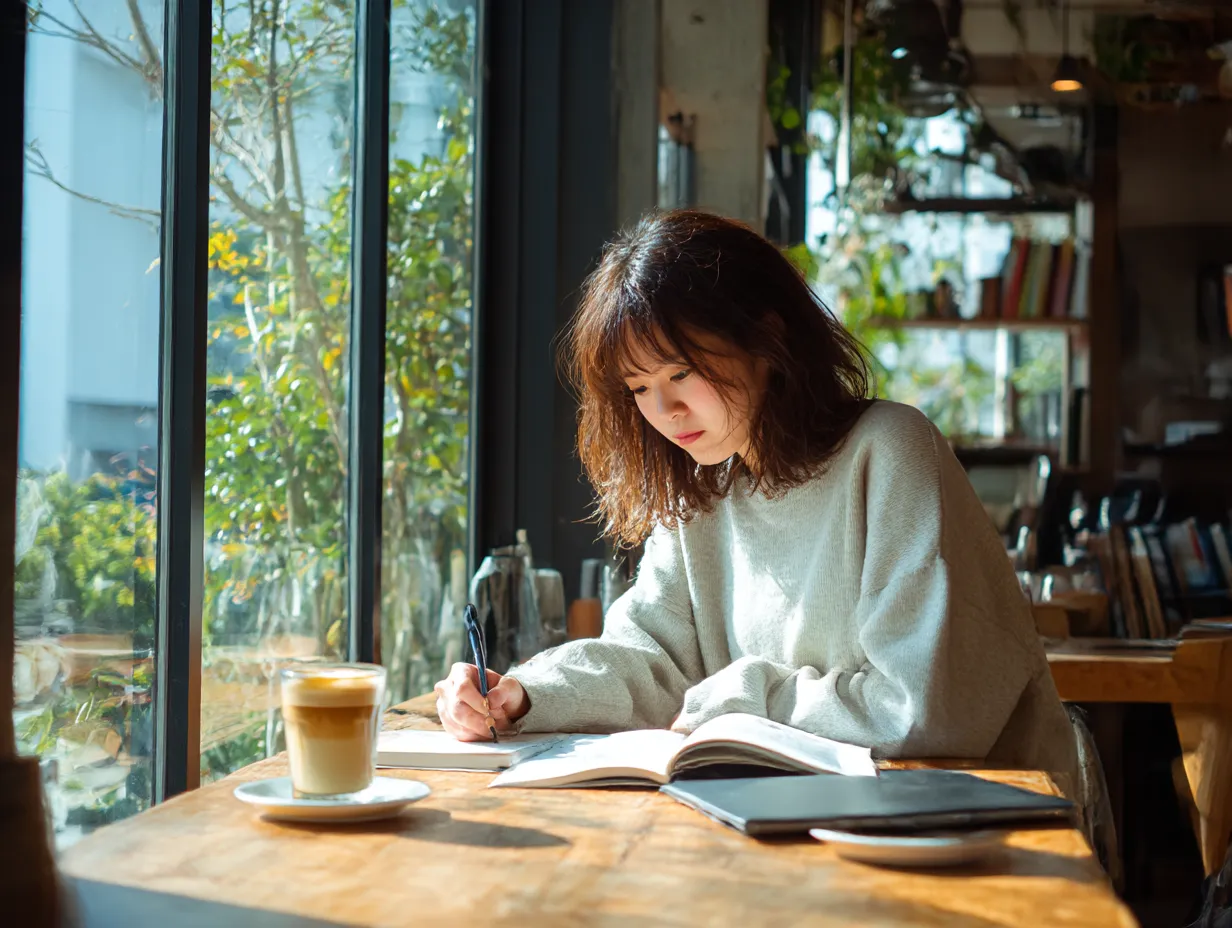 カフェでノートをとる女性1｜ガラス越しの自然光が優しく差し込み、ノートをとる女性とラテの組み合わせが柔らかい集中空間を生み出します。社会人勉強の前向きで明るい印象を表現できます。