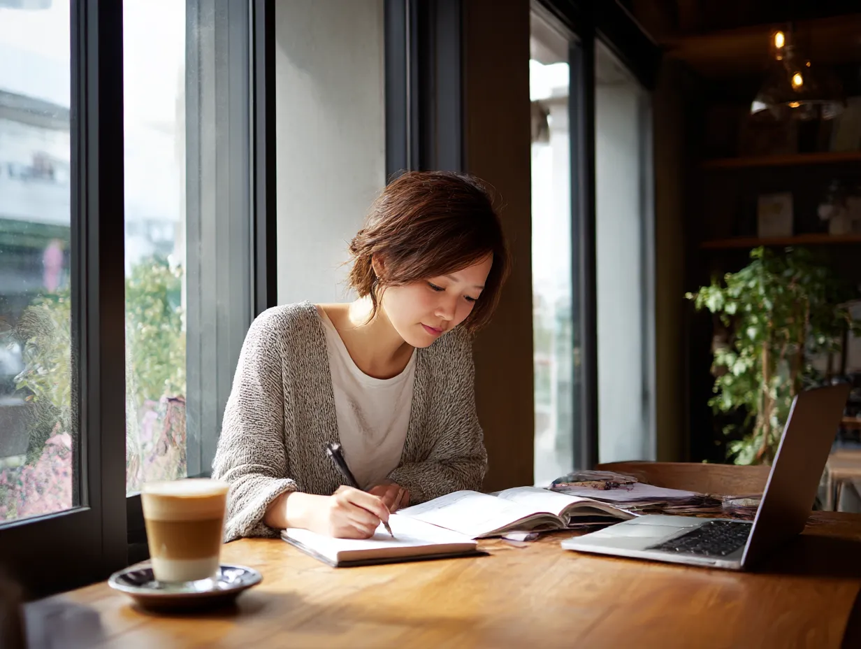 カフェでノートをとる女性2｜落ち着いた照明の中、学習に取り組む女性の横顔と手元のノート、ラップトップの配置が、実務スキル向上のリアリティを演出します。社会人勉強の臨場感ある場面に適した素材です。