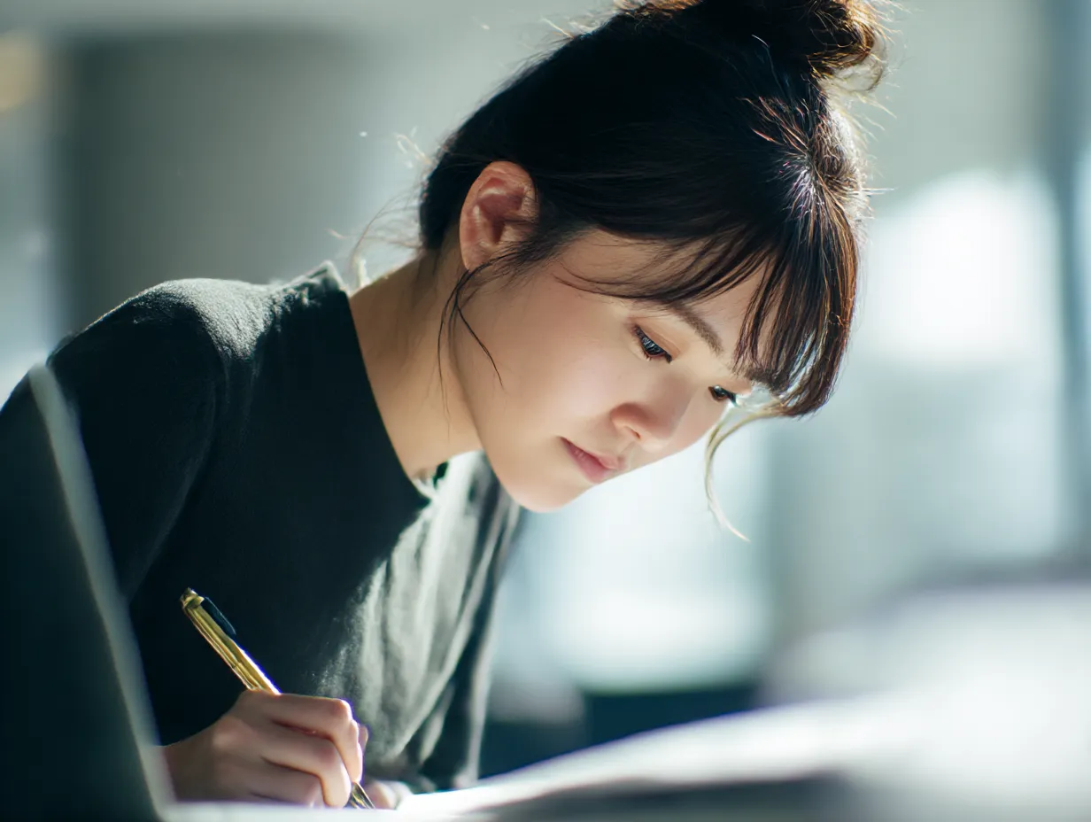 真剣に学ぶ女性の横顔｜背景をぼかし、顔の表情と手元にピントを当てた構図が、集中力と静けさを際立たせています。社会人勉強の真剣さや努力の印象をシンプルに伝えられる写真素材です。