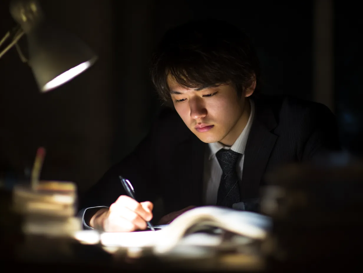 社会人勉強に集中する男性1｜暗めの照明に照らされながら真剣に取り組む男性の姿が、ストイックで芯のある雰囲気を表現します。社会人勉強の意志と継続力を象徴するビジュアルです。