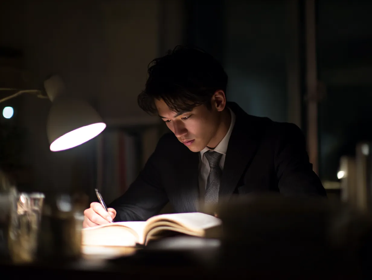 社会人勉強に集中する男性2｜静かな部屋で集中する姿勢が際立ち、余計な装飾を排した構図がストイックさを強調しています。社会人勉強の実直さや努力を伝えるシーンに適しています。