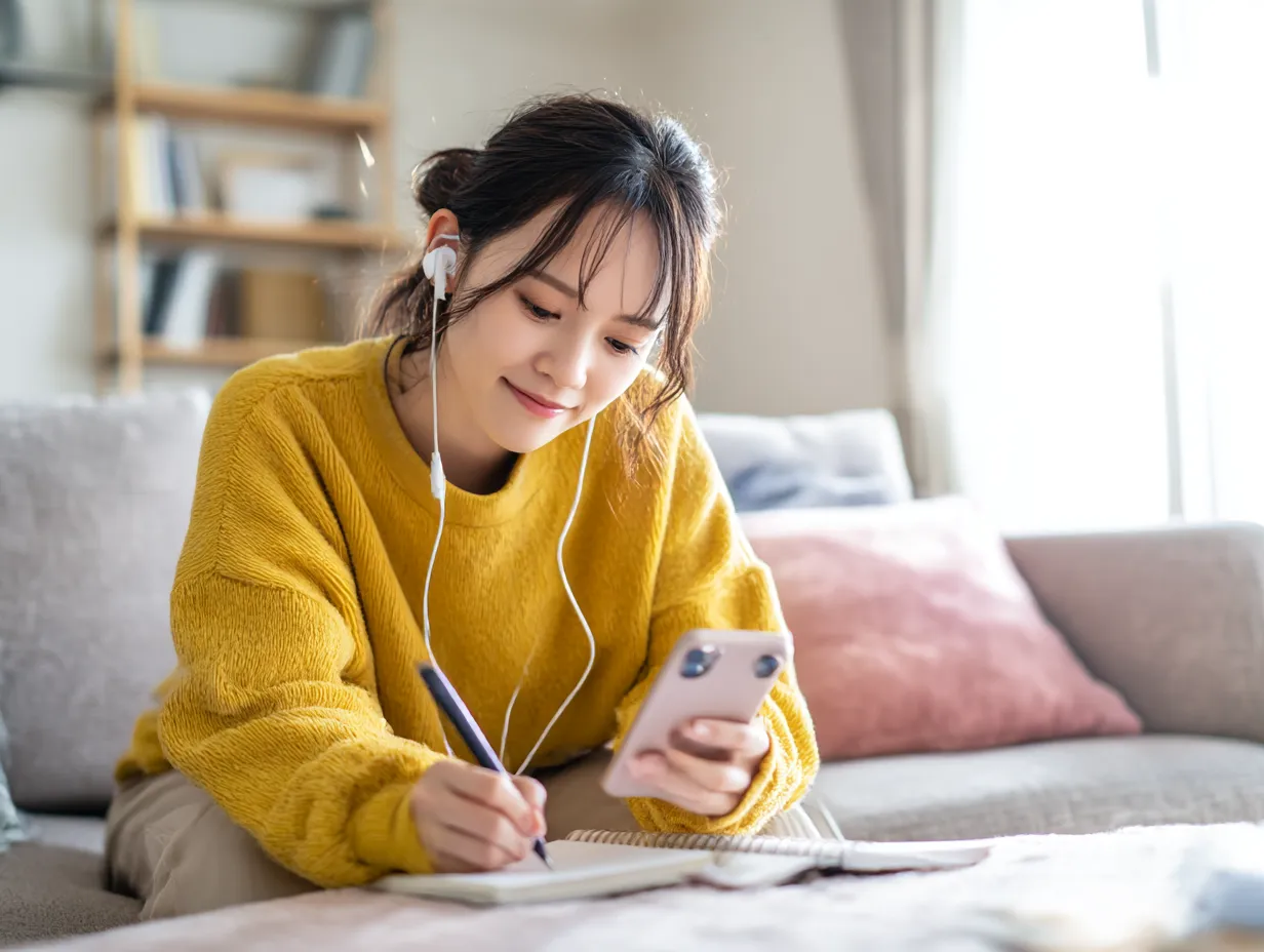 社会人勉強中の女性の笑顔2｜耳にイヤホンを付けつつメモを取る動きが軽やかで、前向きに学ぶ姿が印象的です。社会人勉強を前向きに楽しむ雰囲気を持った素材として使えます。